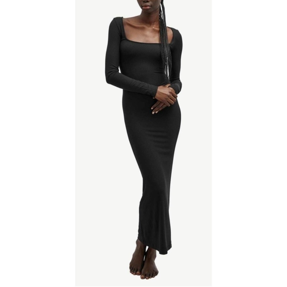 SKIMS Soft Lounge Long Sleeve Dress Onyx Black Ribbed Maxi‎ Square Neck 2X